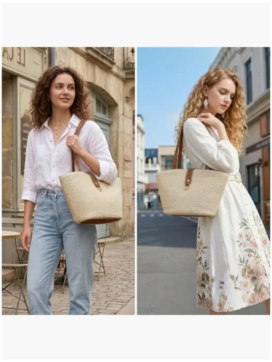 Woven Raffia Straw Tote Bag with PU Leather Handle, Beach Bag - Picture 5 of 7